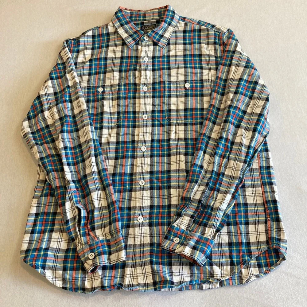 J. Crew Sportsman Mens Large Plaid Flannel Shirt Blue Orange Button Up Preppy